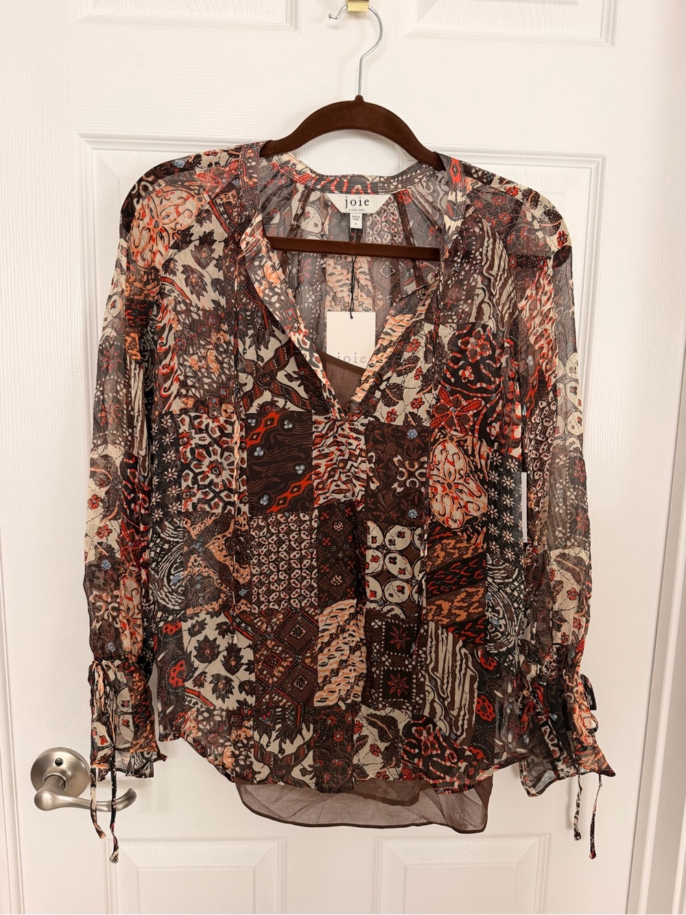Joie Patchwork Print Sheer Long-Sleeve Blouse - Brown, Cream, Rust